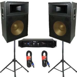 New Studio Speakers 15 Two Way Pro Audio Monitor Pair, Stands, Amp 
