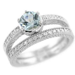 BLUE AQUAMARINE & DIAMOND MATCHING ENGAGEMENT & WEDDING RING SET 14k 