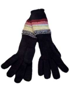  Fownes Womens Long Black Knit Gloves Red & Gray Stripes 