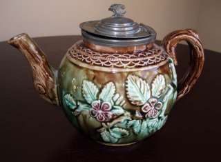 Gorgeous Antique Majolica Tea Pot Cherry Blossoms Pewter Lid  