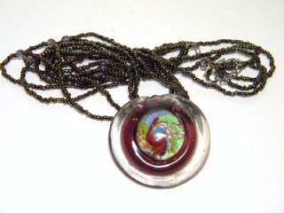   GLASS BURGUNDY /SILVER PENDANT BLACK TINY INDIAN BEADS NECKLACE  