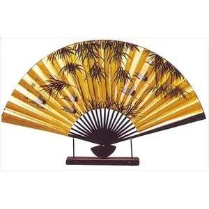    Large Oriental Table Fan Bamboo & Crane 18in