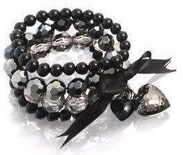 Black Beads Heart Ribbon Bow Four Layer Bracelet  