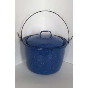  Blue Speckled Granite Bean Pot w/ Lid and Metal Bail 