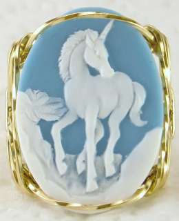 R531 Unicorn Cameo Ring 14k Gold gf Blue jewelry  