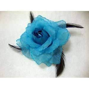  NEW Blue Glitter Rose with Feathers Hair Flower Clip 