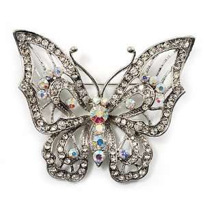    Clear Crystal Butterfly Brooch (Silver Tone Metal): Jewelry