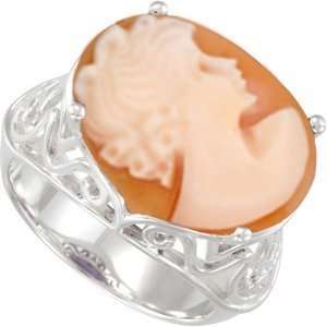  Orange Shell Cameo Ring of Victorian Lady, Sterling Silver 