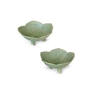  NOVICA Ceramic soap dishes, Lotus Pond (pair)