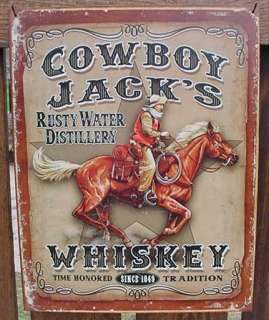 Vintage COWBOY JACKS WHISKEY Ad Sign WESTERN SALOON Bar Tin  