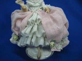 DRESDEN LACE FIGURINE IN PINK BALLGOWN HOLDING FAN  