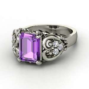   Heart Ring, Emerald Cut Amethyst Platinum Ring with Diamond Jewelry