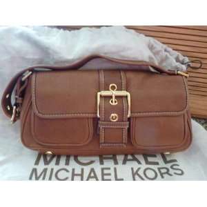  Michael Kors Genuine Leather Brown Hutton E/W Flap Handbag 