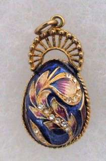 Handmade Russian Faberge Egg Pendant BLUE ENAMEL WITH FLORAL DESIGNS 