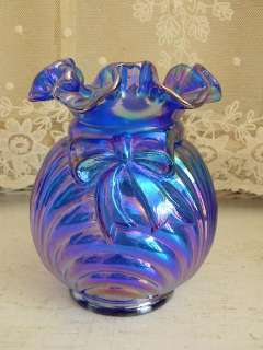   Gorgeous~Fenton Blue Carnival Glass Bow and Drape Vase~MINT  