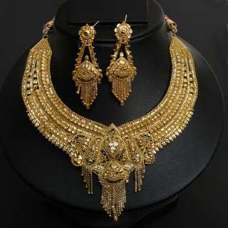   INDIAN DESIGNER 22K GOLD PLATED BRIDAL SARI JEWELRY NECKLACE SET