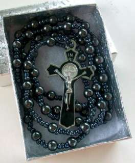 Mans Hematite All Black Rosary Necklace Beaded Cross  