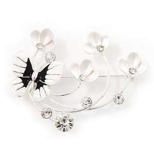 Flower & Butterfly White/Black Enamel Crystal Brooch In Silver Tone 