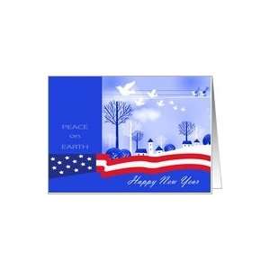  Happy New Year   Peace   Snow Village with US Flag Card 