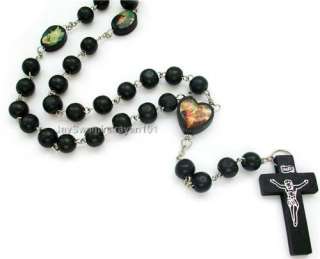 Mens Wooden Cross Beaded Black Rosary Necklace 30  