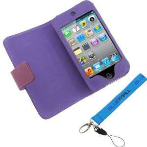  Wallet Leather Cover Case + Blue Wrist Strap for Apple Ipod Touch 