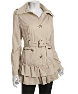 Miss Sixty light beige stretch cotton belted ruffle hem trench coat 
