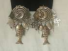 Vintage Large Old Silver Clip Earrings w Asian characters fish items 