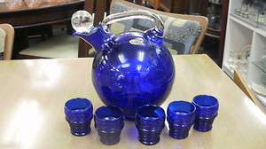 Cambridge Royal Cobalt Blue Ball Decanter with Paper Label and Five 
