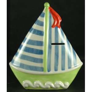   Green and Blue Sail Boat Piggy Money Coin Bank NEW 