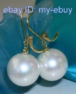16mm White South Sea Shell Pearl Dangle Earrings 14K  
