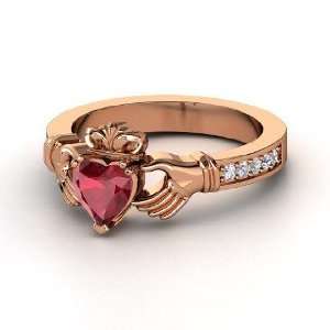  Claddagh Ring, Heart Ruby 14K Rose Gold Ring with Diamond 