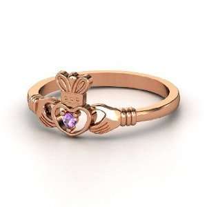  Delicate Claddagh Ring, 14K Rose Gold Ring with Amethyst Jewelry