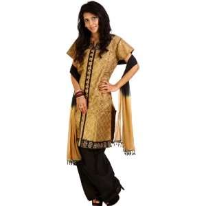 Beige and Black Woven Salwar Kameez Suit with Paisley Embroidery on 