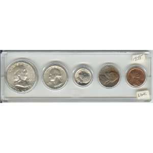 COINS ,1955 BIRTHYEAR 5 COIN SET UNCIRC. SILVER HALF DOLLAR, QUARTER 