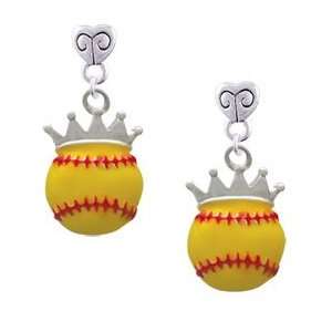  Softball optic yellow   Crown Mini Heart Charm Earrings 