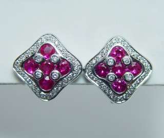 Ruby Diamond Earrings 18K White Gold French Euro Lock  