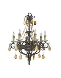 Wrought Iron and Gold Leaf Crystal 6LT Chandelier        